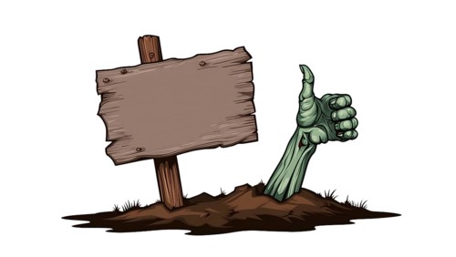 A zombie hand emerges from the grave soil, showing a thumbs up gesture beside a blank wooden sign.