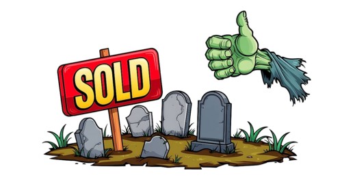 A cartoon scene shows a graveyard with several tombstones, a sold sign, and a green zombie hand