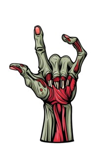 A zombie hand with green, decaying skin, revealing ligaments, tendons, muscles, is making the rock