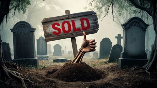 A graveyard at dusk shows a wooden sign with the word sold, and a zombie hand emerging from the