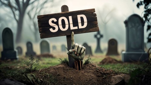 Zombie hand emerging from the ground points to a sold sign on a gravestone in a cemetery.