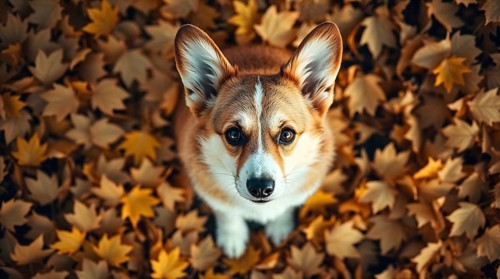 Cute corgi puppy sitting on fallen autumn leaves, looking up, top view from above. AI generated