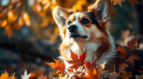 A corgi dog lying in fallen autumn leaves in the park, surrounded with red and orange foliage. AI