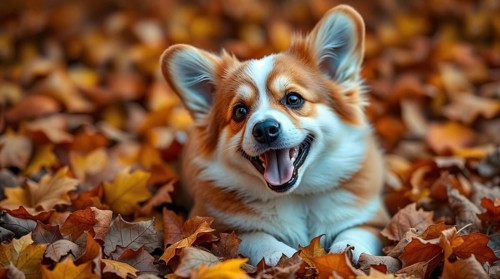 A playful corgi enjoys an afternoon among fallen leaves, surrounded by warm autumn colors. AI