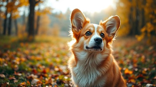 Welsh corgi sitting in a vibrant autumn park with gentle rain and warm colors, bokeh background