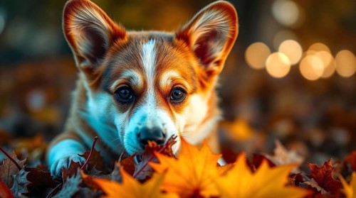 Corgi puppy on autumn leaves in a colorful park during the fall season, bokeh background with