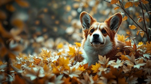 A corgi rests comfortably among an array of pale autumn leaves, surrounded by warm colors in a