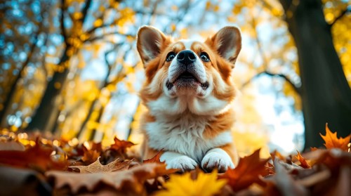 Corgi lying on autumn leaves in forest, looking into the distance, low angle view. AI generated