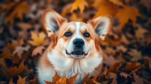 Corgi enjoying fallen autumn leaves, looking up at the camera, overhead shot from above, dreamy