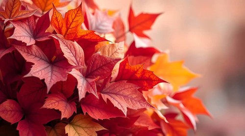 A vibrant bouquet made of autumn leaves showcases the essence of the season with warm red and
