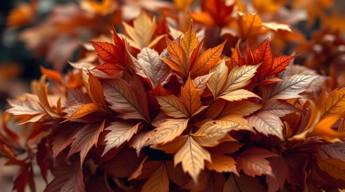 Bouquet of vibrant autumn leaves displaying warm colors against a soft autumn backdrop. AI