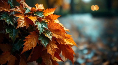 Bouquet of vibrant wet leaves collected in a park under overcast skies after a refreshing rain