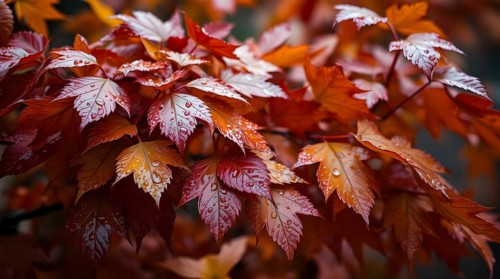 A bouquet of vibrant wet autumn leaves showcases rich hues of red and orange, glistening in the