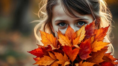 Girl stands in a park, obscuring her face with a bright bouquet of autumn leaves, copy space. AI