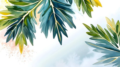 Green leaves in watercolor style, highlighting their unique shapes and textures against a stark