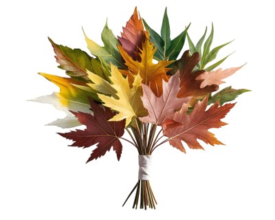 A vibrant bouquet made of various autumn leaves in rich colors, showcasing hues of red, yellow, and