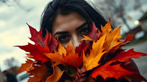 In a picturesque autumn setting, a young woman with olive skin peeks through a bouquet of vivid