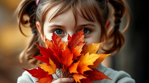 In a serene outdoor setting, a little girl with pigtails cherishes a vibrant bouquet of autumn
