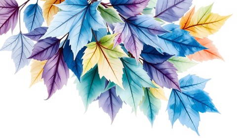 Delicate watercolor artwork featuring a bouquet of autumn leaves showcasing vibrant blues, greens,
