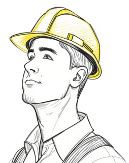 Hand-drawn pencil sketch of a construction worker wearing a yellow hard hat. The worker is looking