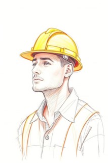 Construction worker with a yellow hard hat and safety vest, showcasing his focus and determination