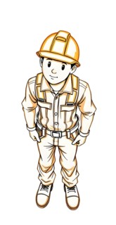 A cartoon construction worker, wearing a yellow safety hat and sturdy clothing, stands with hands