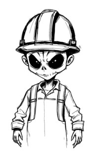 Hand drawn pencil sketch of a cartoonish monster, zombie, or alien construction worker with an
