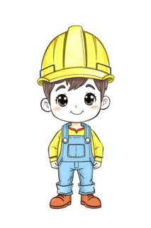 Hand-drawn pencil sketch of an adorable cartoon construction worker wearing a yellow hard hat and