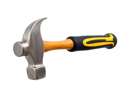 A claw hammer featuring a metal head and a sturdy wooden handle wrapped in rubber for comfort is