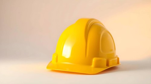 A bright yellow construction hard hat sits against a light background, illuminated by studio