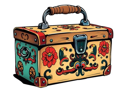 Cartoon vintage toolbox featuring vibrant colors and intricate retro floral design. AI generated