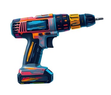A colorful drawing of a cordless drill against a white backdrop. AI generated