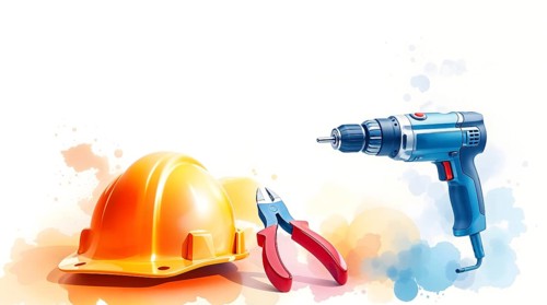 Construction helmet, pliers, and a drill, blended together in a vibrant watercolor style,