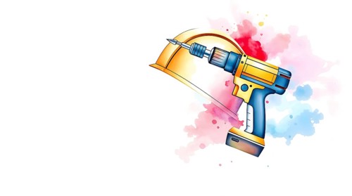 Vibrant watercolor artwork showcases a construction helmet alongside a drill. The composition