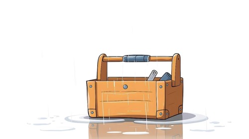 A cartoon wooden toolbox in a puddle is opened on a white background, showing various tools as rain