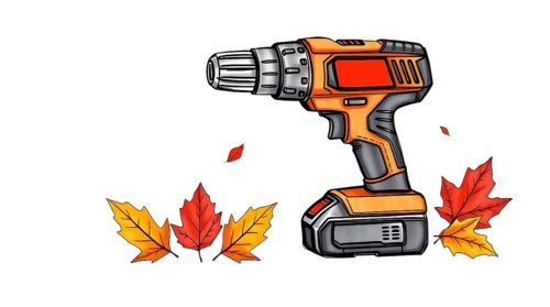 A cordless drill against a white background, surrounded by vibrant autumn leaves. AI generated