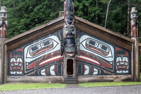 Totem poles at a Tlingit Clan House, Totem Bight State Historical Park, Ketchikan, Alaska, USA
