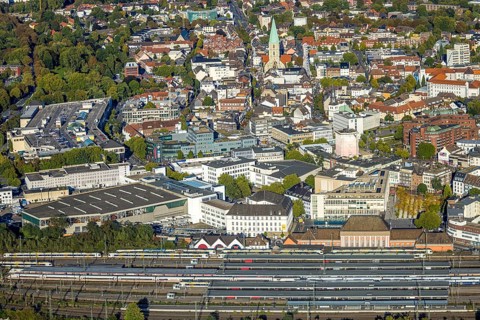 Aerial view, city centre view with evang. St. Paul's Church, city festival with Ferris wheel,