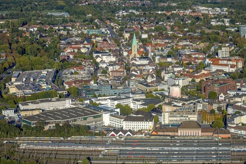 Aerial view, city centre view with evang. St. Paul's Church, city festival with Ferris wheel,