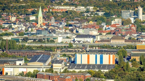 Aerial view, harbour with Voestalpine Boeler and view to the city with St. Paul's Church, district