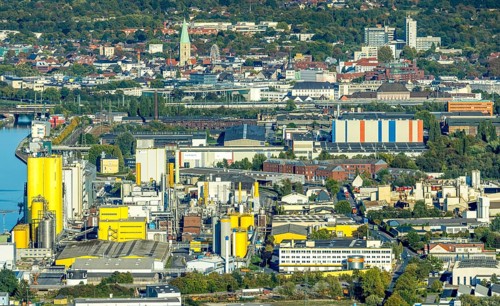 Aerial view, harbour with Brökelmann oil mill and view to the city with St. Paul's church, district