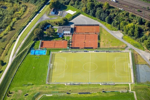 Aerial view, sports facility football stadium BV 09 Hamm, tennis courts hockey and tennis club