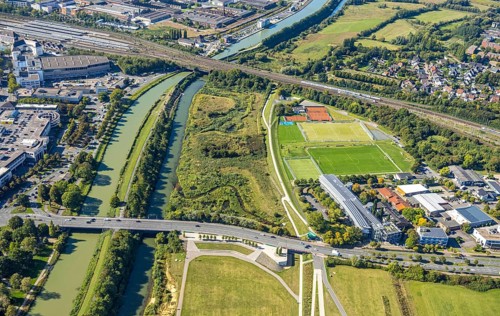Aerial view, Auenpark with viewing platform Erlebensraum Lippeaue, Münsterstraße Bundesstraße B63,
