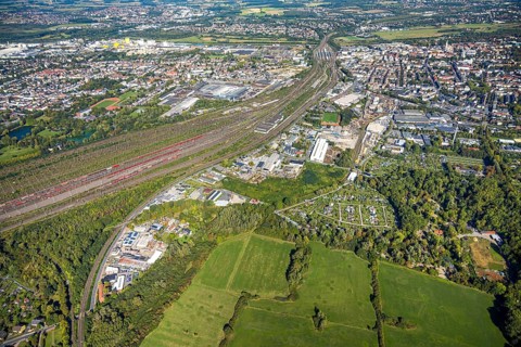 Aerial view, marshalling yard Hamm, industrial area Östingstraße, view to the harbour, railway