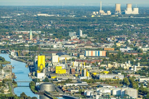 Aerial view, harbour with Voestalpine Boeler and view to the city with St. Paul's Church, behind