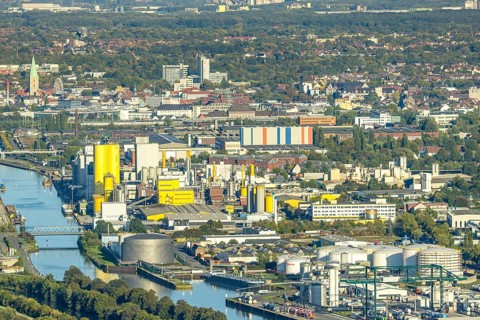 Aerial view, harbour with Voestalpine Boeler and view to the city with St. Paul's Church, district