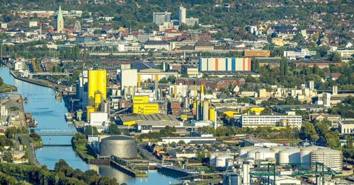 Aerial view, harbour with Voestalpine Boeler and view to the city with St. Paul's Church, district