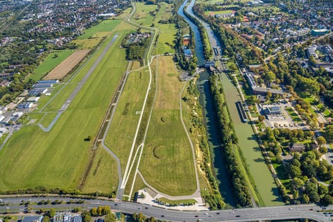 Aerial photograph, Hamm-Lippewiesen airfield and the Datteln-Hamm canal and Lippe river experience