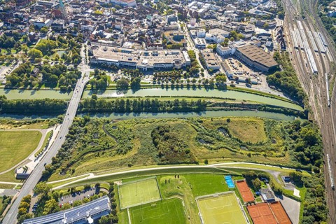 Aerial view, Allee-Center shopping centre at the Datteln-Hamm canal and river Lippe, bridge