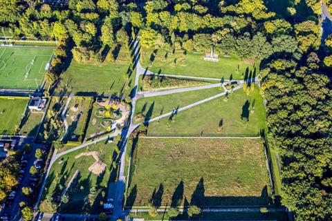 Aerial view, parade ground with war memorial, Germania memorial for the fallen of the